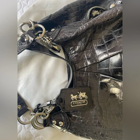 Coach Black Crocodile-Embossed Leather Shoulder Bag - Picture 7 of 7